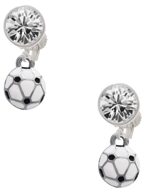 Silver Plated Mini Enamel Soccer ball - Crystal Clip on Earrings: Color Choice - Red, Green, Blue, Purple, Pink, Clear, Black