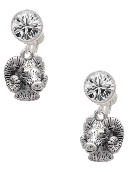 Silver Plated Medium 3-D Ram Head - Crystal Clip on Earrings: Color Choice - Red, Green, Blue, Purple, Pink, Clear, Black