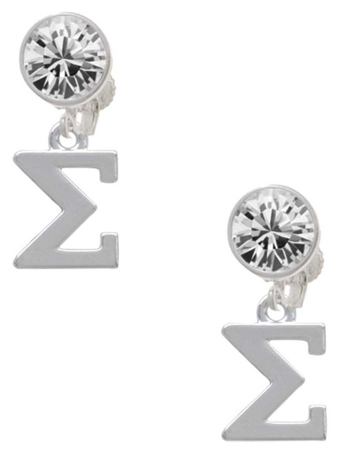 Silver Plated Large Greek Letter - Sigma - Crystal Clip on Earrings: Color Choice - Red, Green, Blue, Purple, Pink, Clear, Black