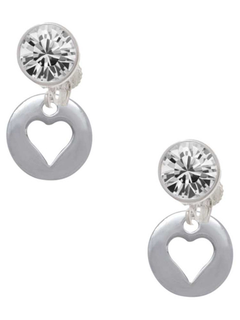 Silver Plated Pebble with Heart Cutout - Crystal Clip on Earrings: Color Choice - Red, Green, Blue, Purple, Pink, Clear, Black