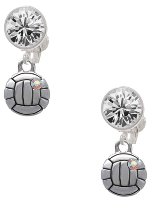 Silver Plated Mini Volleyball/Water polo - Crystal Clip on Earrings: Color Choice - Red, Green, Blue, Purple, Pink, Clear, Black