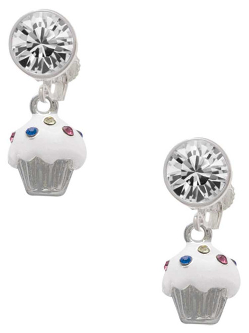 Silver Plated Small White Cupcake with Crystal Sprinkles - Crystal Clip on Earrings: Color Choice - Red, Green, Blue, Purple, Pink, Clear, Black