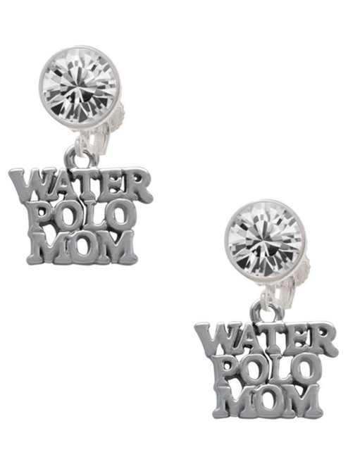 Silver Plated Water Polo Mom - Crystal Clip on Earrings: Color Choice - Red, Green, Blue, Purple, Pink, Clear, Black