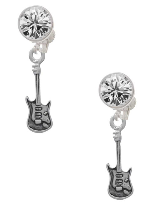 Silver Plated Rock Star Guitar - Crystal Clip on Earrings: Color Choice - Red, Green, Blue, Purple, Pink, Clear, Black
