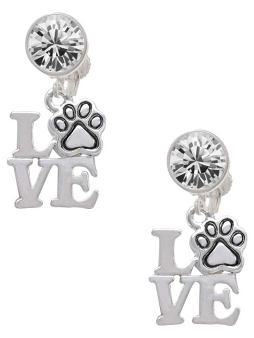 Silver Plated Love with Paw - Crystal Clip on Earrings: Color Choice - Red, Green, Blue, Purple, Pink, Clear, Black