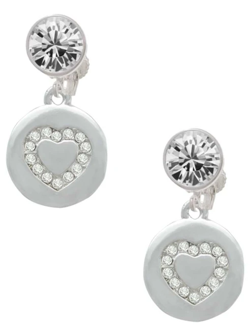 Silver Plated Disc with Crystal Heart - Crystal Clip on Earrings: Color Choice - Red, Green, Blue, Purple, Pink, Clear, Black