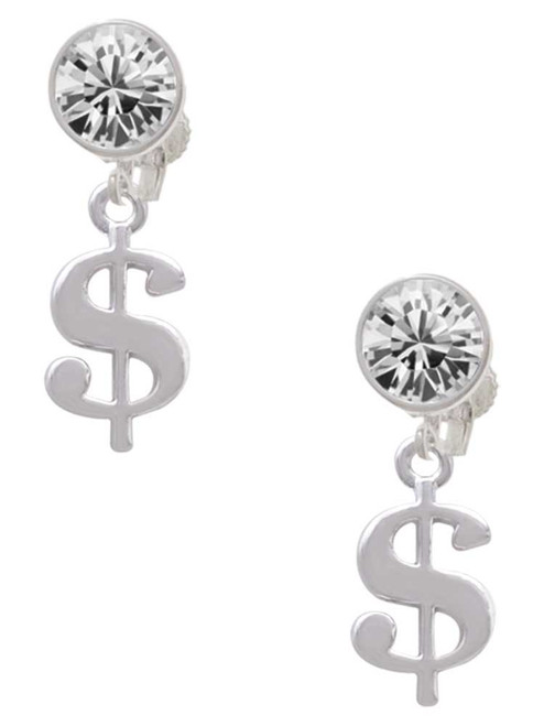 Silver Plated Rounded Dollar Sign - Crystal Clip on Earrings: Color Choice - Red, Green, Blue, Purple, Pink, Clear, Black