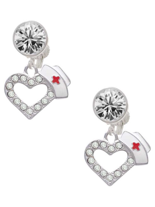 Silver Plated Small Crystal Heart with Nurse Hat - Crystal Clip on Earrings: Color Choice - Red, Green, Blue, Purple, Pink, Clear, Black