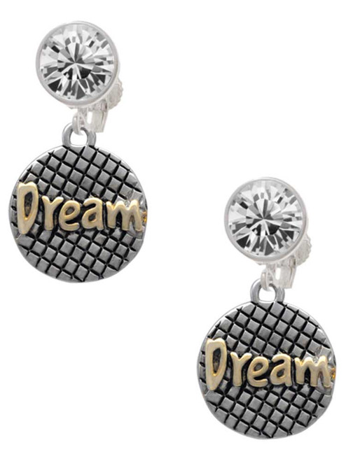 Gold-tone ''Dream'' on Hatched Disc - Crystal Clip on Earrings: Color Choice - Red, Green, Blue, Purple, Pink, Clear, Black