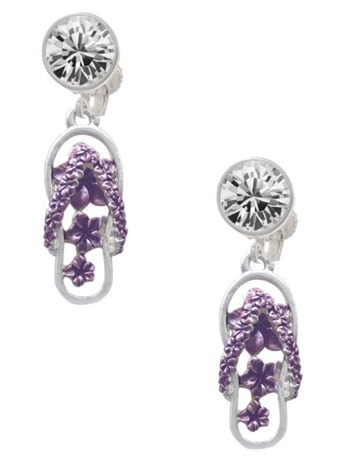 Silver Plated Purple Open Plumeria Flower Flip Flop - Crystal Clip on Earrings: Color Choice - Red, Green, Blue, Purple, Pink, Clear, Black