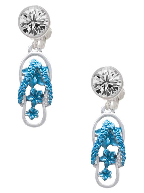 Silver Plated Blue Open Plumeria Flower Flip Flop - Crystal Clip on Earrings: Color Choice - Red, Green, Blue, Purple, Pink, Clear, Black