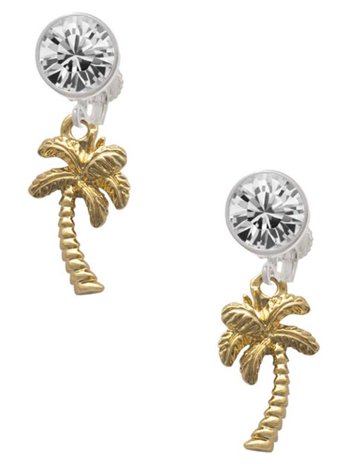 Gold-tone Palm Tree - Crystal Clip on Earrings: Color Choice - Red, Green, Blue, Purple, Pink, Clear, Black