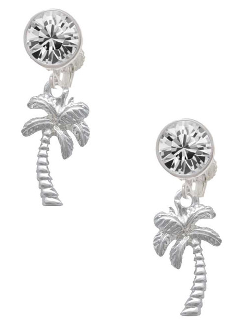 Silver Plated Palm Tree - Crystal Clip on Earrings: Color Choice - Red, Green, Blue, Purple, Pink, Clear, Black