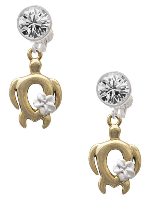 Gold-tone Open Sea Turtle with White Plumeria - Crystal Clip on Earrings: Color Choice - Red, Green, Blue, Purple, Pink, Clear, Black
