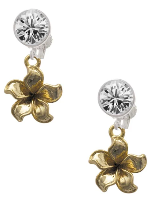 Gold-tone Flower - Crystal Clip on Earrings: Color Choice - Red, Green, Blue, Purple, Pink, Clear, Black
