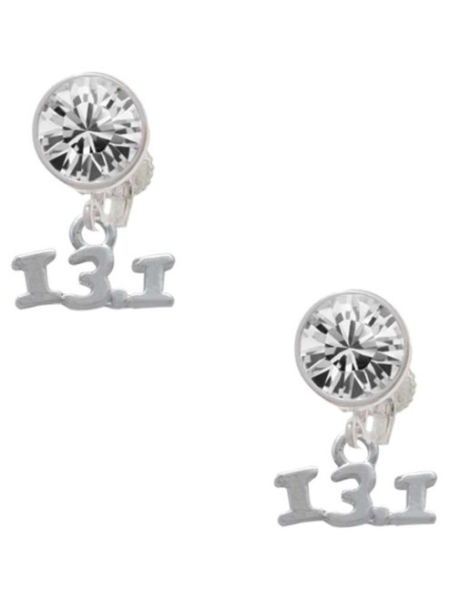 Silver Plated Half Marathon - 13.1 - Crystal Clip on Earrings: Color Choice - Red, Green, Blue, Purple, Pink, Clear, Black