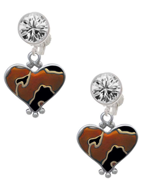 Two-tone Enamel Cheetah Print Heart - Crystal Clip on Earrings: Color Choice - Red, Green, Blue, Purple, Pink, Clear, Black