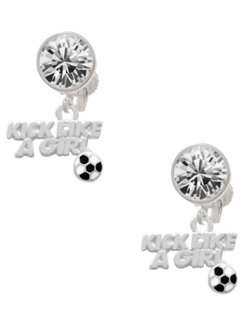 Silver Plated Kick Like a Girl with Enamel Soccer Ball - Crystal Clip on Earrings: Color Choice - Red, Green, Blue, Purple, Pink, Clear, Black