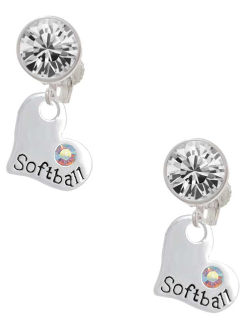 Heart with ''Softball'' and AB Crystal - Crystal Clip on Earrings: Color Choice - Red, Green, Blue, Purple, Pink, Clear, Black