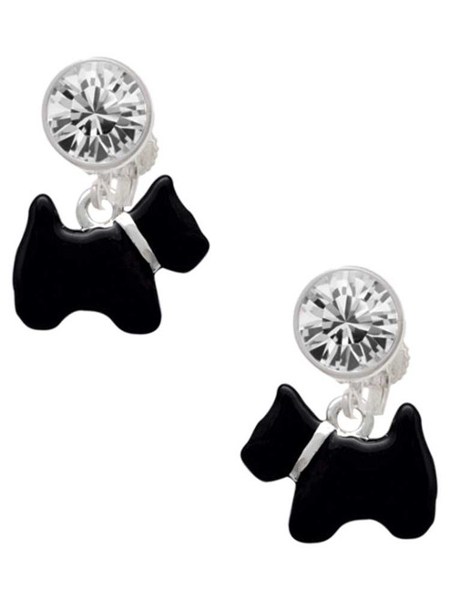 Silver Plated Black Scottie Dog - Crystal Clip on Earrings: Color Choice - Red, Green, Blue, Purple, Pink, Clear, Black