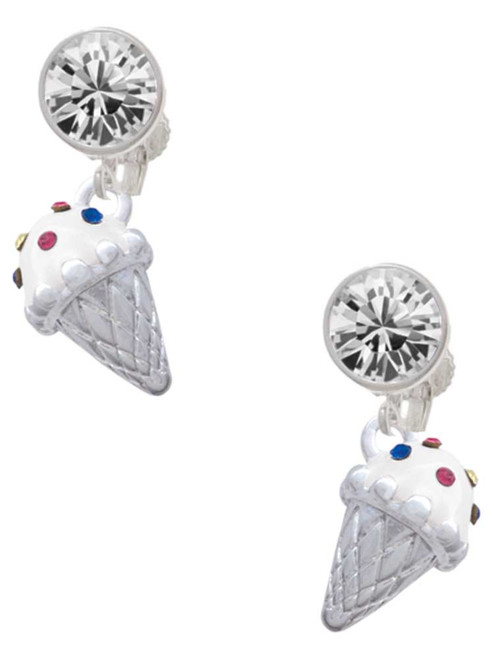 3-D Vanilla Ice Cream Cone with Crystal Sprinkles - Crystal Clip on Earrings: Color Choice - Red, Green, Blue, Purple, Pink, Clear, Black