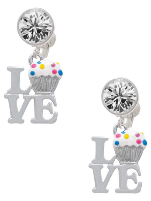 Silver Plated Love with Vanilla Cupcake - Crystal Clip on Earrings: Color Choice - Red, Green, Blue, Purple, Pink, Clear, Black