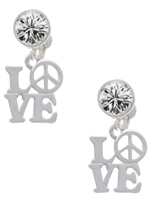 Love with Peace Sign - Crystal Clip on Earrings: Color Choice - Red, Green, Blue, Purple, Pink, Clear, Black