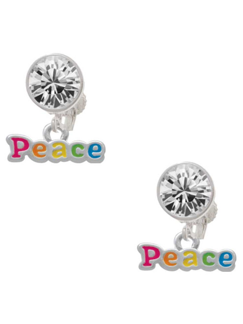 Rainbow Colored ''Peace'' - Crystal Clip on Earrings: Color Choice - Red, Green, Blue, Purple, Pink, Clear, Black