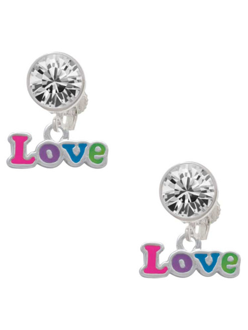 Rainbow Colored ''Love'' - Crystal Clip on Earrings: Color Choice - Red, Green, Blue, Purple, Pink, Clear, Black