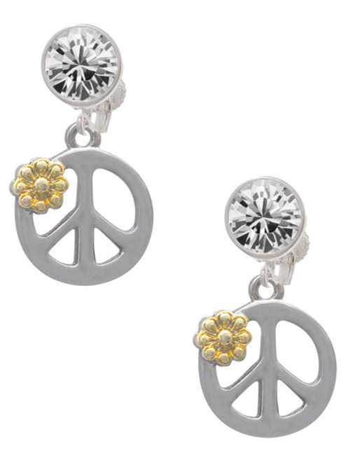 Two-tone Large Peace Sign with Daisy and Crystal - Crystal Clip on Earrings: Color Choice - Red, Green, Blue, Purple, Pink, Clear, Black