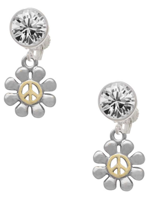 Two-tone Small Daisy with Peace Sign - Crystal Clip on Earrings: Color Choice - Red, Green, Blue, Purple, Pink, Clear, Black