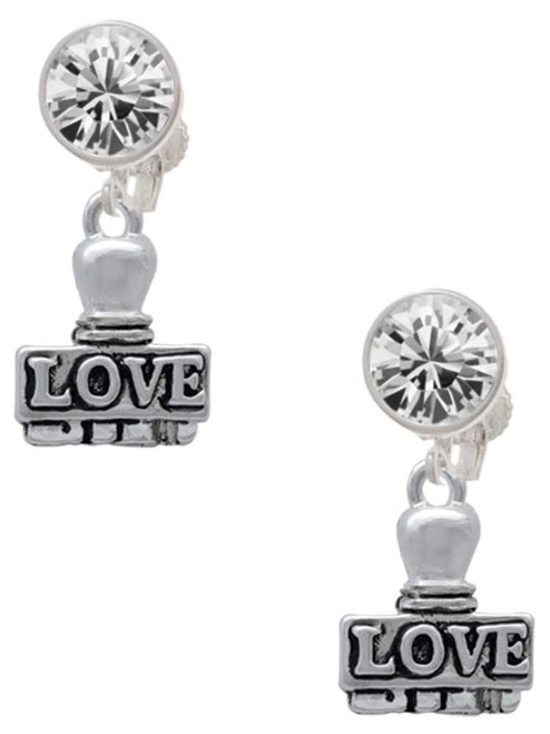 Silver Plated LOVE Stamp - Crystal Clip on Earrings: Color Choice - Red, Green, Blue, Purple, Pink, Clear, Black