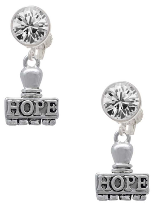Silver Plated HOPE Stamp - Crystal Clip on Earrings: Color Choice - Red, Green, Blue, Purple, Pink, Clear, Black