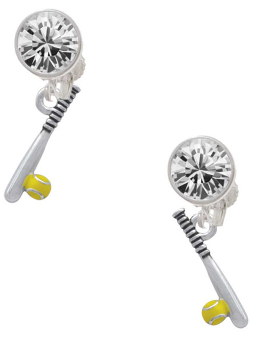 Silver Plated Enamel Softball and Bat - Crystal Clip on Earrings: Color Choice - Red, Green, Blue, Purple, Pink, Clear, Black
