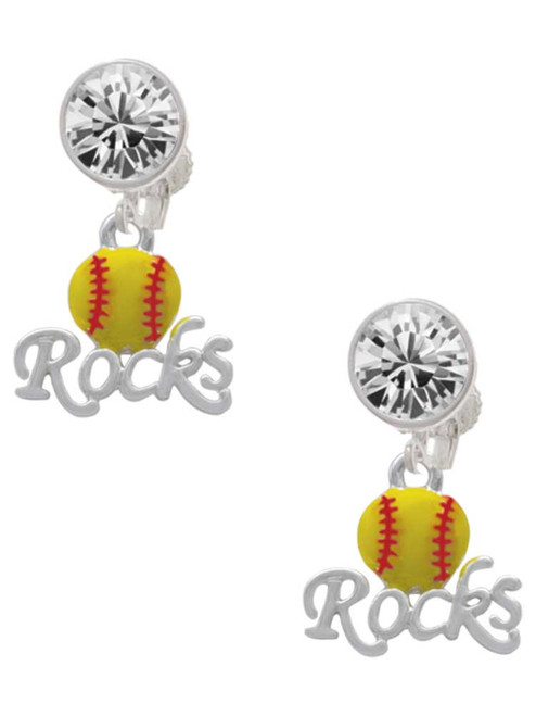 Silver Plated Enamel Softball ''Rocks'' - Crystal Clip on Earrings: Color Choice - Red, Green, Blue, Purple, Pink, Clear, Black