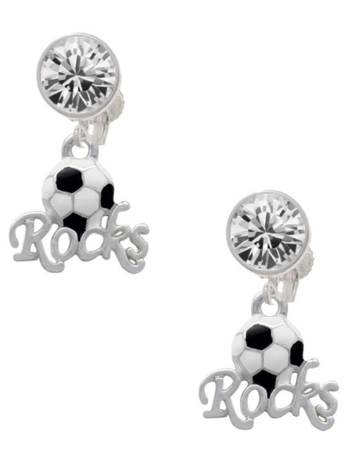 Silver Plated Enamel Soccer ball ''Rocks'' - Crystal Clip on Earrings: Color Choice - Red, Green, Blue, Purple, Pink, Clear, Black