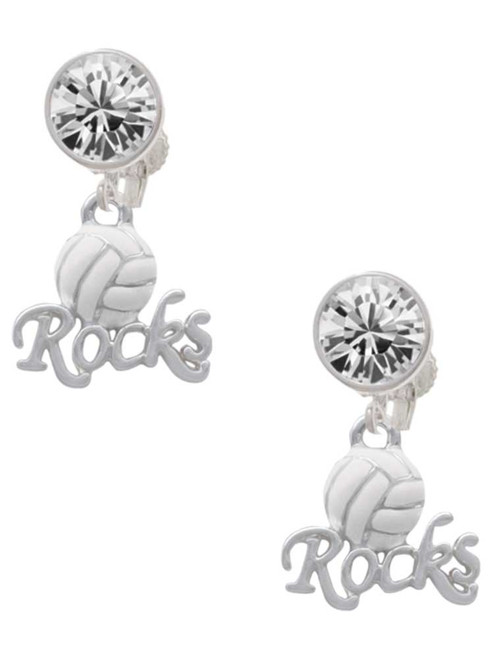 Silver Plated Enamel Volleyball ''Rocks'' - Crystal Clip on Earrings: Color Choice - Red, Green, Blue, Purple, Pink, Clear, Black