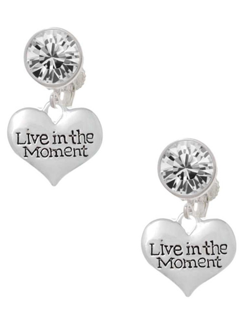 Silver Plated Live in the Moment Heart - Crystal Clip on Earrings: Color Choice - Red, Green, Blue, Purple, Pink, Clear, Black