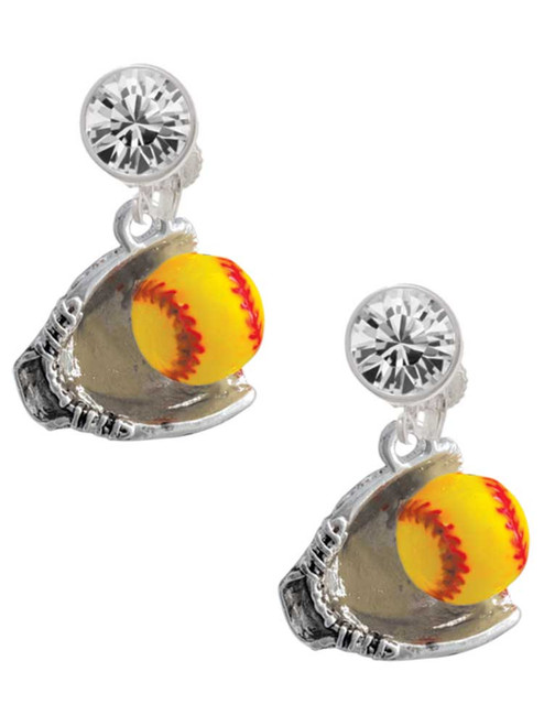 Silver Plated Extra Large Softball and Glove - Crystal Clip on Earrings: Color Choice - Red, Green, Blue, Purple, Pink, Clear, Black