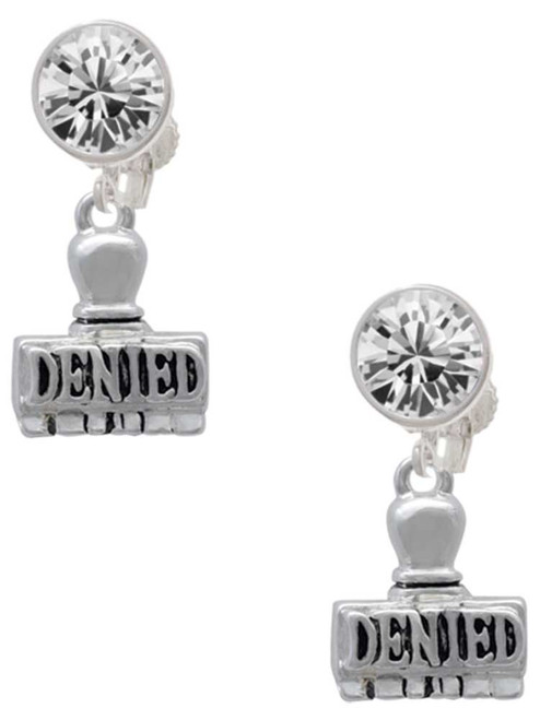 Silver Plated 3-D ''Denied'' Stamp - Crystal Clip on Earrings: Color Choice - Red, Green, Blue, Purple, Pink, Clear, Black