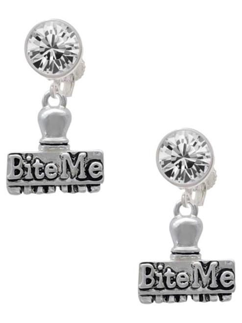 Silver Plated 3-D ''Bite Me'' Stamp - Crystal Clip on Earrings: Color Choice - Red, Green, Blue, Purple, Pink, Clear, Black