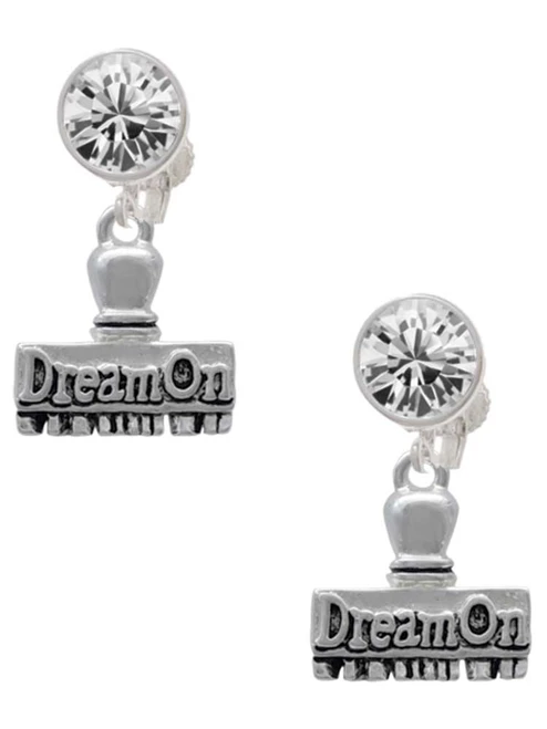 Silver Plated 3-D ''Dream On'' Stamp - Crystal Clip on Earrings: Color Choice - Red, Green, Blue, Purple, Pink, Clear, Black