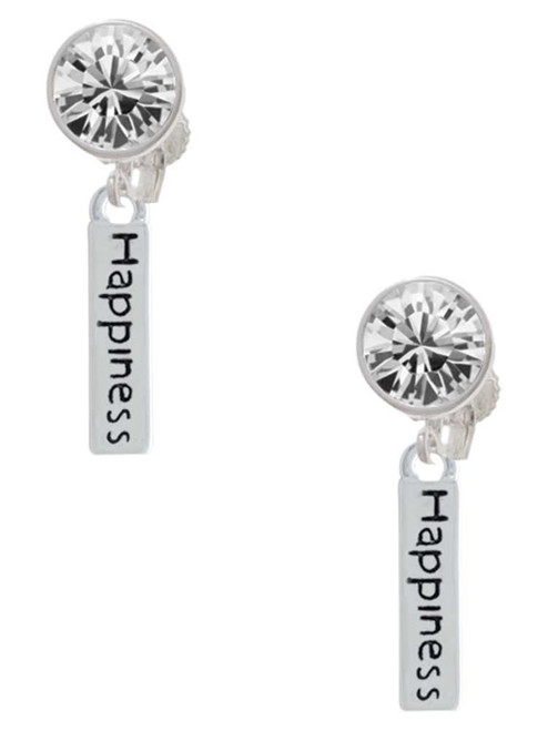 Silver Plated Happiness Rectangle - Crystal Clip on Earrings: Color Choice - Red, Green, Blue, Purple, Pink, Clear, Black