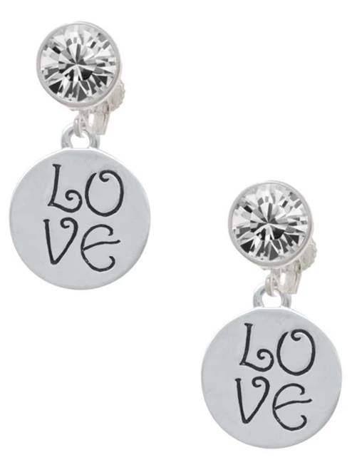 Silver Plated Love Circle - Crystal Clip on Earrings: Color Choice - Red, Green, Blue, Purple, Pink, Clear, Black