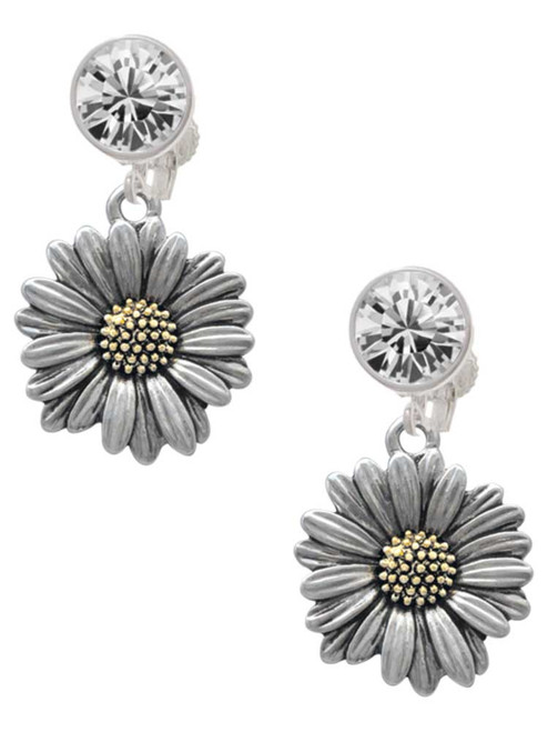 Two-tone Large Daisy Flower - Crystal Clip on Earrings: Color Choice - Red, Green, Blue, Purple, Pink, Clear, Black