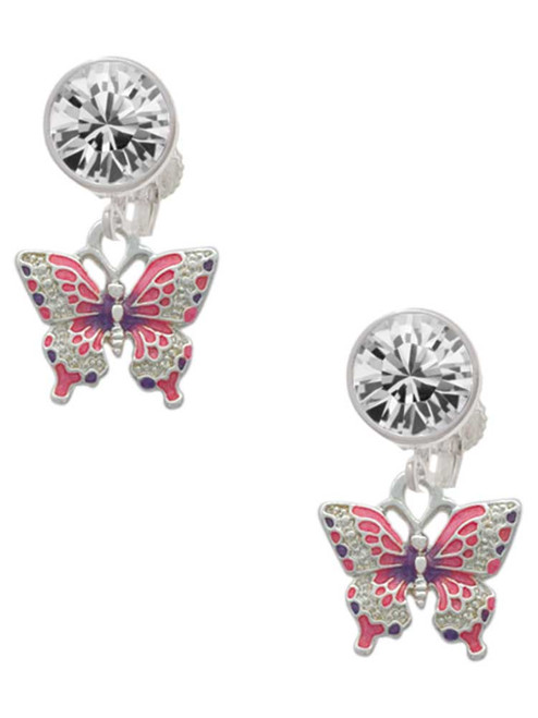 Silver Plated Small Hot Pink & Purple Butterfly - Crystal Clip on Earrings: Color Choice - Red, Green, Blue, Purple, Pink, Clear, Black
