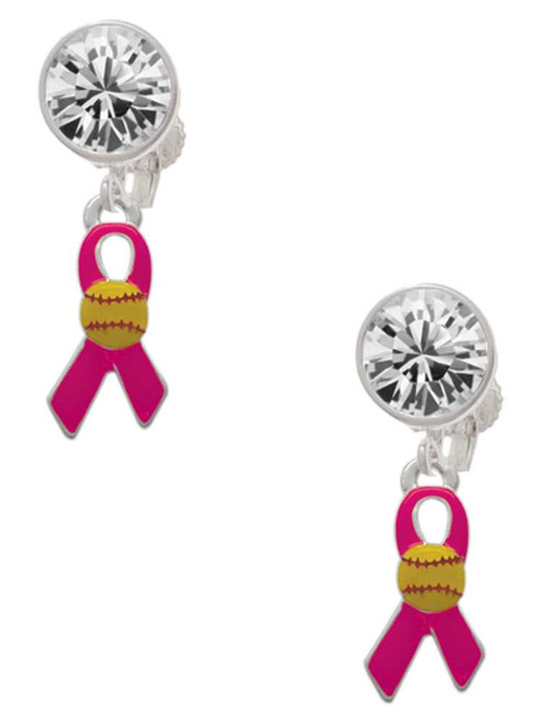 Silver Plated Hot Pink Ribbon with Softball - Crystal Clip on Earrings: Color Choice - Red, Green, Blue, Purple, Pink, Clear, Black