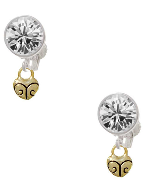 Gold-tone Mini Scroll Heart - Crystal Clip on Earrings: Color Choice - Red, Green, Blue, Purple, Pink, Clear, Black