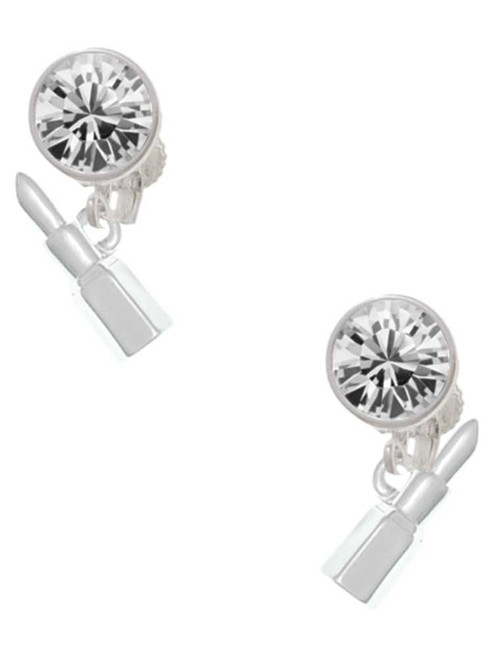 Silver Plated 3-D Lipstick - Crystal Clip on Earrings: Color Choice - Red, Green, Blue, Purple, Pink, Clear, Black