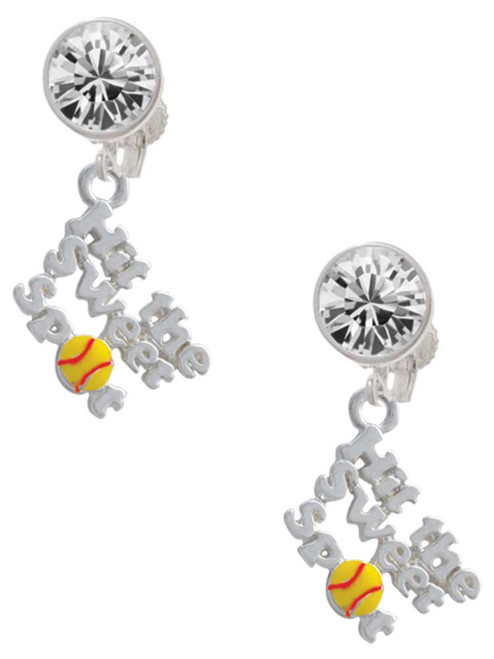 Silver Plated Hit the Sweet Spot with Yellow Softball - Crystal Clip on Earrings: Color Choice - Red, Green, Blue, Purple, Pink, Clear, Black